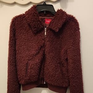 Guess Faux-Sherpa Zip Jacket in Deep Burgundy
